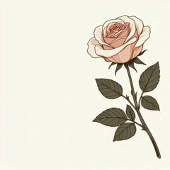 淡いピンクのバラ一輪、茎と葉、上品なデザイン、空白スペースあり　AI-generated image created using DALL&middot;E 3