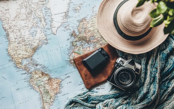Traveler's gear with map, camera, hat, and plants