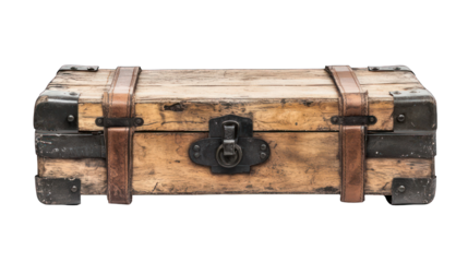 Aged wooden chest with leather straps and metal hardware