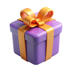 3d render of purple gift box with orange bow isolated on transparent background