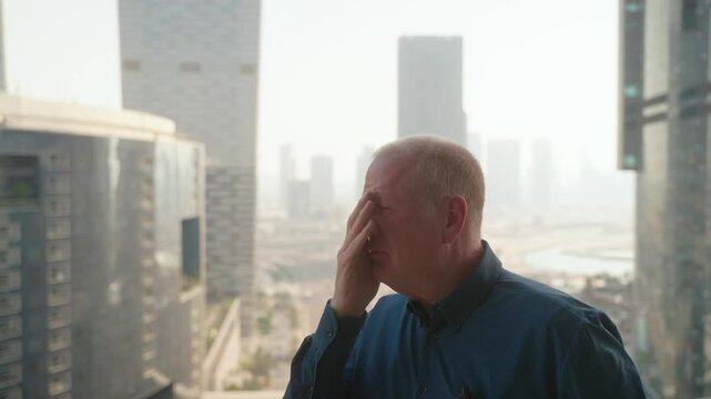 Senior man poses with different emotions for a social media video thumbnail with a cityscape in the background then turns off the record button