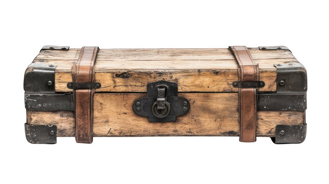 Aged wooden chest with leather straps and metal hardware