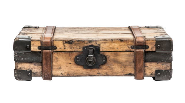 Aged wooden chest with leather straps and metal hardware