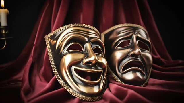 Comedy and tragedy masks on velvet fabric classic theatrical props stage performance props dark and light contrast artistic still life photo for drama or arts editorial use high quality stock photo