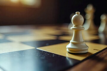 A chessboard with a white pawn moved forward one square, highlighting the strategic first move in a game The focus is on the white piece and its new position , concentration, black, goal