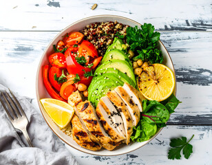 Beautifully arranged Chicken and Quinoa Bowl with fresh vegetables, garnished and ready to be enjoyed in a bright, inviting setting