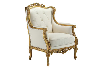 Elegant white armchair with ornate gold trim and tufted back isolated on transparent background