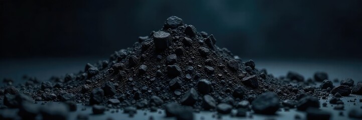 A close-up shot of a pile of coal in a dark, dimly lit room, emphasizing the texture and darkness of the fuel , fire, power, element