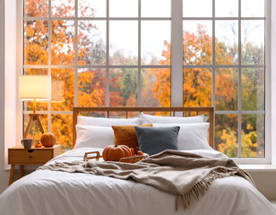 Cinematic autumn bedroom with cozy decor and rain-soaked window showing vibrant fall foliage outside