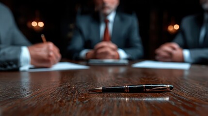 A focused view of a pen resting on a table amidst a professional atmosphere, symbolizing decision-making, collaboration, and the important moments in business contexts.