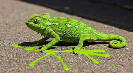 Obraz premium Bright green chameleon blends in with the paint on the ground, perfectly camouflaged on a sunny day outside