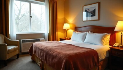 A cozy motel room, featuring a thick, plush blanket draped over the bed, creating a warm and inviting atmosphere Perfect for a relaxing getaway , cozy, refuge, getaway