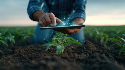 A hand interacts with a tablet above young plants in soil, representing the integration of modern technology in agriculture for improved efficiency and sustainability.