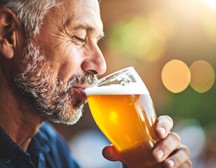 Middle aged man enjoys craft beer outdoors during golden hour with soft background bokeh