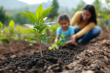 A woman and child plant a young tree in a garden, focusing on the small sapling with a blurred background of greenery.