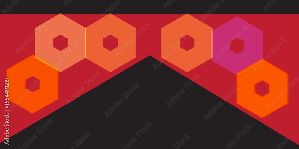Poster modern abstract background with hexagonal patterns in orange, pink, and red tones above a dark trian