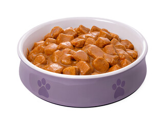 Pet bowl with wet food isolated on transparent background.