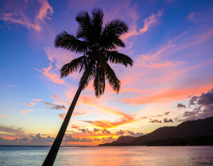 Twilight sky showcases vibrant colors over calm ocean waters with palm silhouette at a shoreline