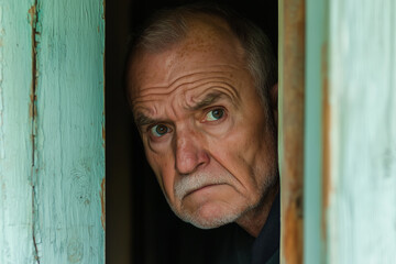 An elderly man with a serious expression peers through a gap between weathered, turquoise-painted wooden panels.