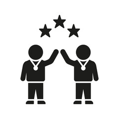 Two People High-Fiving With Medals And Stars Solid Icon. Teamwork, Achievement, And Success Celebration Silhouette Symbol. Collaborative Victory And Recognition. Isolated Vector Illustration