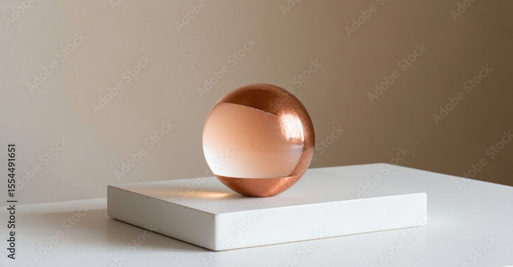 Poster copper sphere floats above white rectangular prism. minimalist composition, soft lighting, simple st