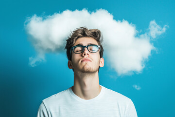 Young man with glasses and closed eyes, standing against a blue sky with a cloud above his head, appearing to be in deep thought or relaxation.