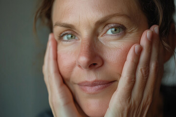Close-up of a woman with light skin and green eyes gently holding her face with both hands, looking softly at the camera.