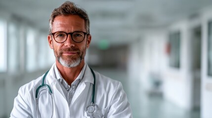A confident male doctor in a white coat stands with pride in a bright hospital hallway, embodying professionalism and dedication to patient care in modern healthcare.