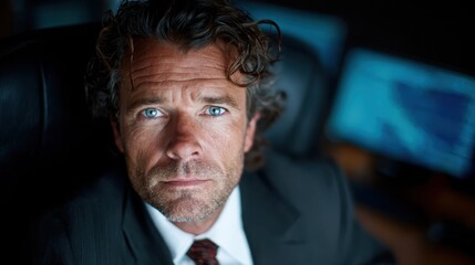 A serious businessman gazes confidently at the camera in a dark office environment, portraying determination and focus on success in a competitive business landscape.