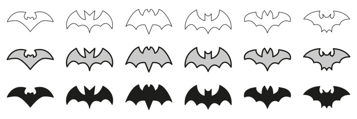 Bat Silhouettes In Line, Outline, And Glyph Icon Set. Night Mysterious Animal. Isolated Vector Illustration