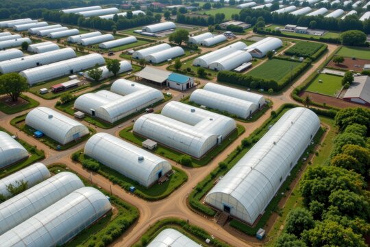 Aerial View of Agricultural Buildings and Green Fields