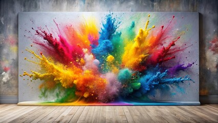 Vibrant Abstract Paint Splash on Canvas in Rustic Studio, Colorful Art Burst, Creative Wall Decor