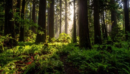 Sunlight filters through the dense canopy of a lush Pacific Northwest forest, illuminating ferns and mossy trees.