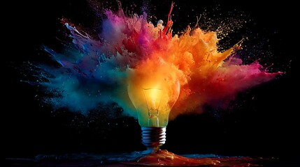 Vibrant photo of vibrant explosion of colorful paint radiating from a glowing lightbulb inspiration artistic.