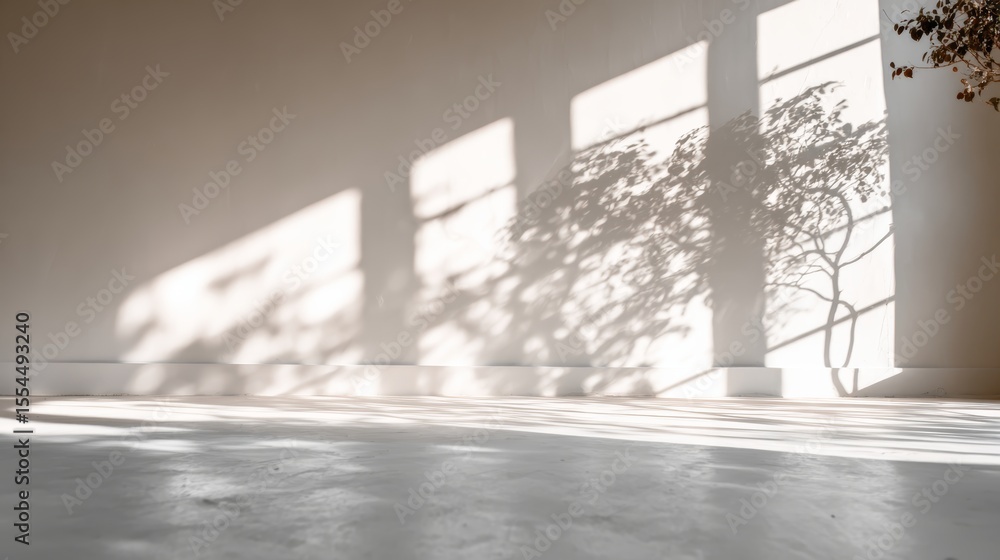 Poster sunlight and shadow play in an empty studio, highlighting minimalist design with leaf accents