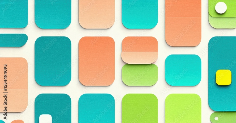 Poster Rectangular shapes overlap, creating vibrant wall pattern. Colors include turquoise, peach, lime green. Minimalist design, clean aesthetic.