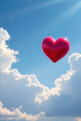 Red Heart Floating Among Fluffy White Clouds in a Bright Blue Sky