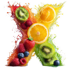Colorful fruit splash forming letter x isolated on transparent background