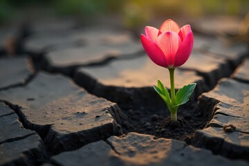 Fototapeta premium A symbolic image depicting a single, vibrant flower pushing through cracked earth, representing rebirth and renewal; a powerful visual metaphor for resurrection , miracle, spiritual awakening