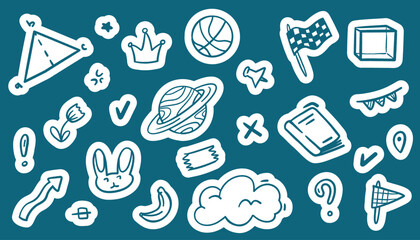Set of school stickers with colorful icons. Includes books, pencils, backpacks, rulers, and apples. Cute doodle style perfect for planners, notebooks, or educational projects. Vector illustration.