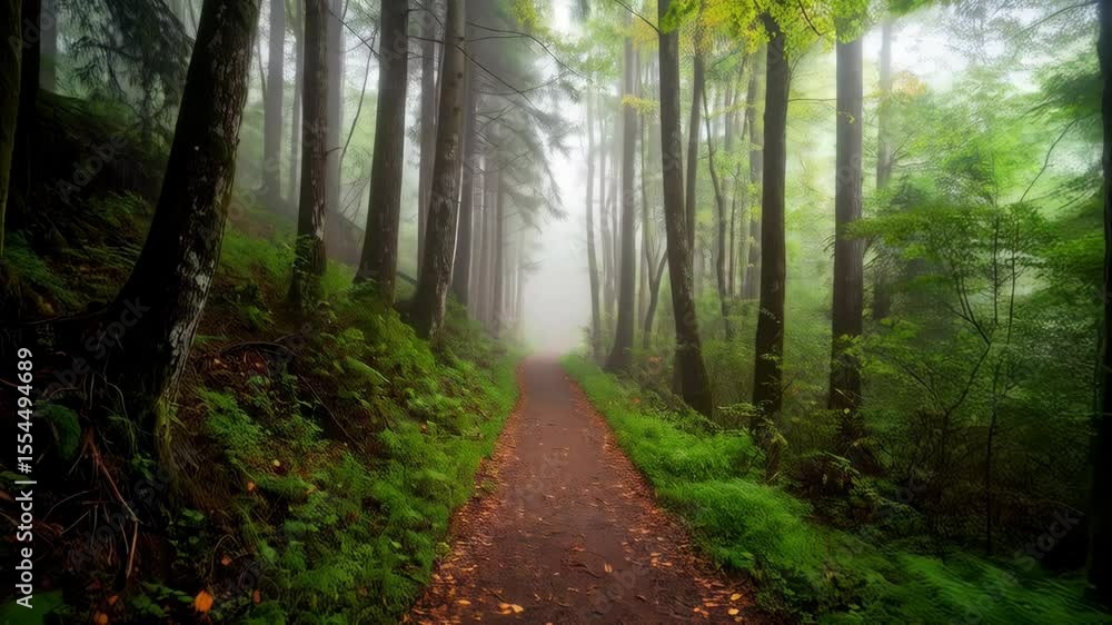 Poster misty forest landscape with a dirt path curving into the distance surrounded by green ferns and towe