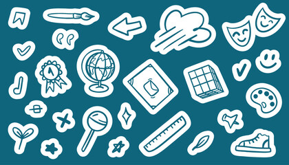 School supplies sticker set with pencils, erasers, rulers, and globes. Bright and playful vector illustrations for kids, teachers, or educational content creators. Perfect for digital use.