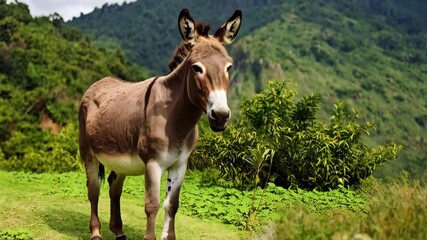 Brown donkey stands in green field with hills and sky, rural scenery on livestock farm, countryside animal portrait outdoors - Powered by Adobe