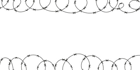 Barbed wire isolated on white background. Sharp metal border for prison, war zone, or restricted area. Vector silhouette for danger or security design.