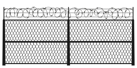 Chain link fence with barbed wire. Metal construction with sharp barbs for prison, military, or border security. Steel barrier or cage design. Vector illustration.