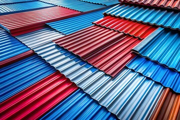 A colorful metal roof with red blue and white corrugated sheets creates a geometric pattern