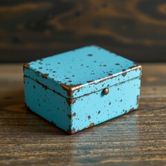 Distressed Teal Rectangular Box on Wooden Surface