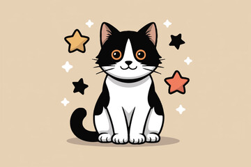friendly black cat flat vector with colorful star decorations for print and branding use
