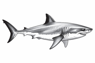 high-resolution black and white shark vector drawing featuring great white shark anatomy for scientific and design projects