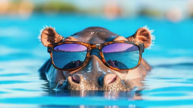 Hippo relaxing in pool wearing stylish sunglasses on a sunny day